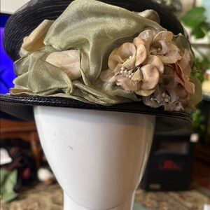 Vintage Sherel’s Black Hat with Green Ribbon and Pink Floral Accent Small